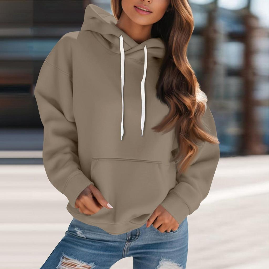 Women's Fashion Solid Color Hooded Drawstring  Long Sleeve Loose Pullover Sweatshirt Top