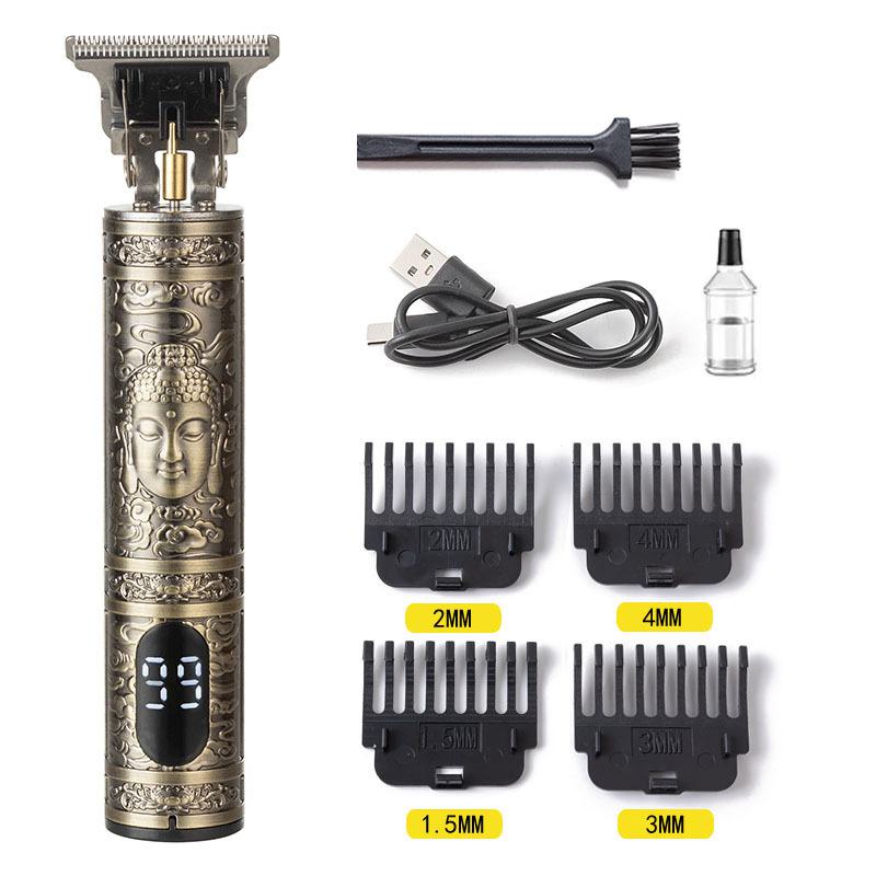 Elektrischer Haarschneider für Glatzen mit Schneidemesser, wiederaufladbar und für den grenzüberschreitenden Einsatz geeignet.