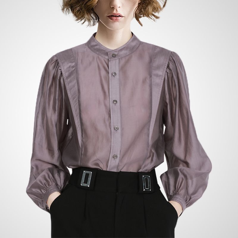 

Trendy Early Spring Stand-up Collar Puff Sleeve French Chic Shirt Gray purple XL