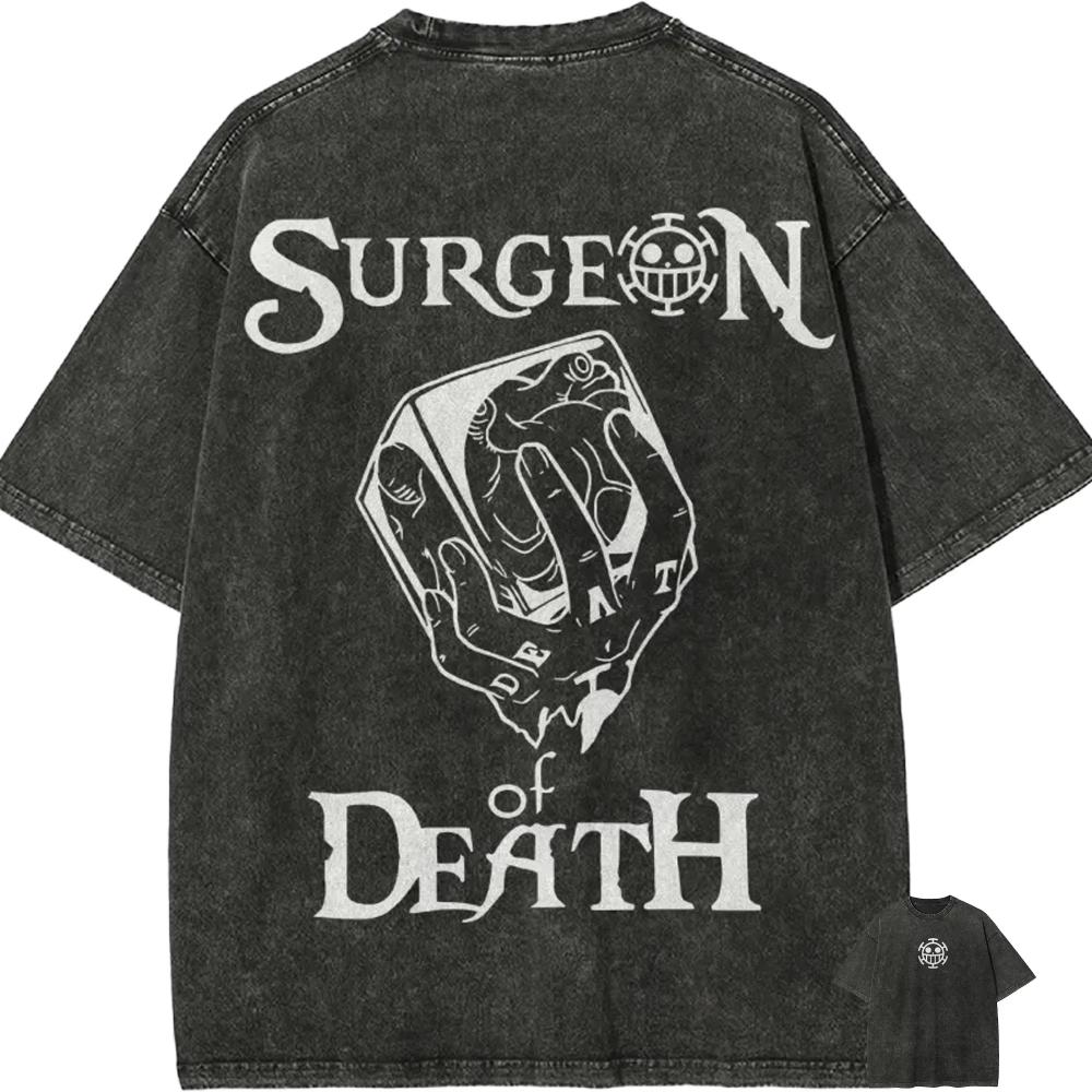 Trafalgar Law Surgeon of Death T Shirt One Piece Heart Pirates Vintage Acid Wash Streetwear Casual Retro Anime Graphic Tees L