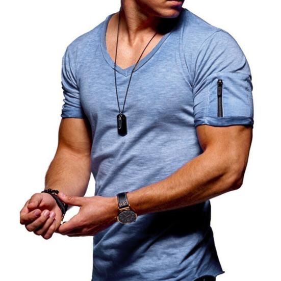Men Solid Color Zip Pocket V Neck Short Sleeve T-shirt Fit Plus Size Tee Top
