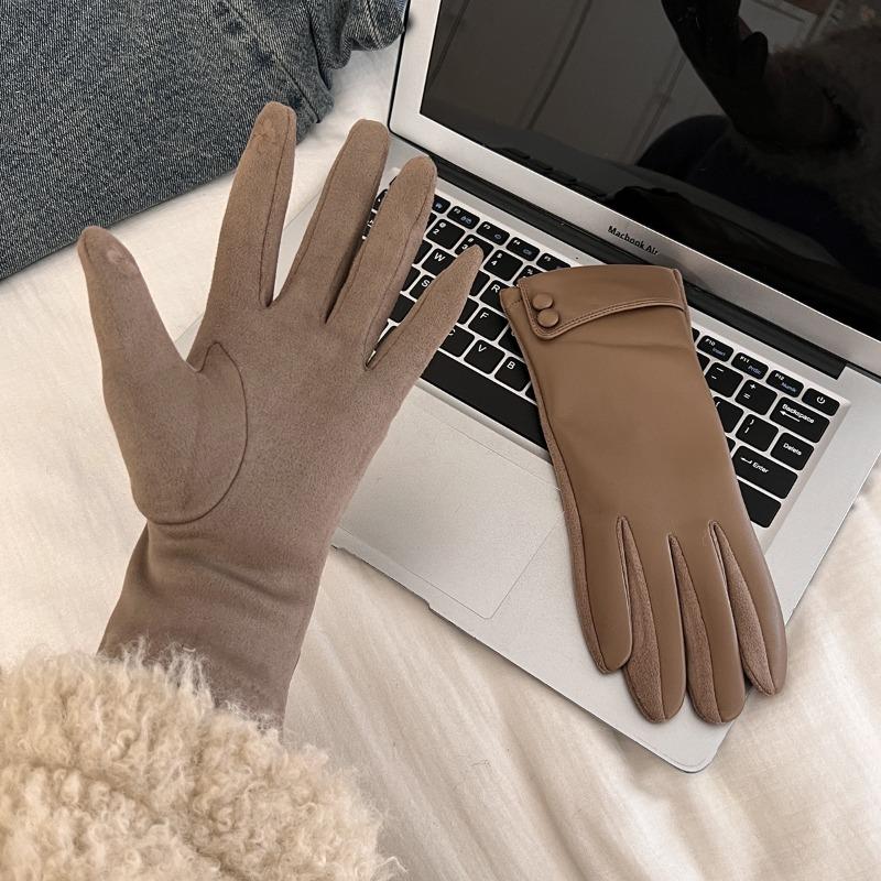 New leather gloves winter women's velvet thickened warm windproof cold outdoor riding driving five fingers