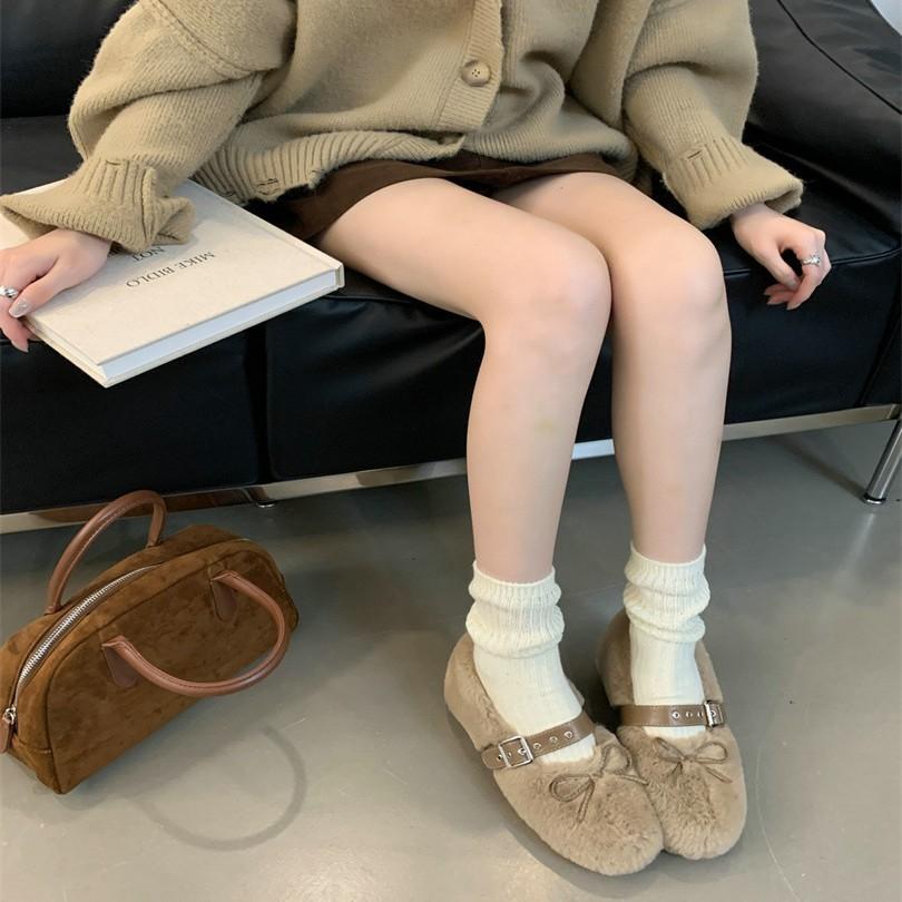 2025 Autumn and Winter Comfortable Versatile Round Head Soft Sole Cotton Shoes Bow Belt Buckle Flat Bottom Fluffy Shoes