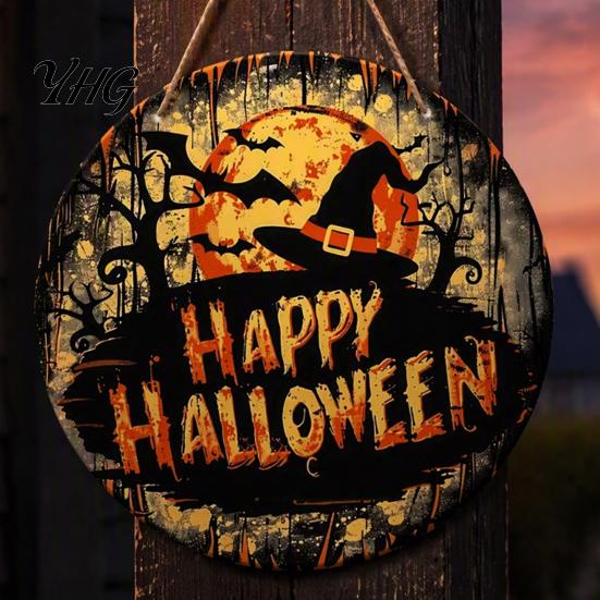 Halloween Party Home Ornament Witch Hanging Sign, 8" Round Wooden Door Autumn Forest Festive Decoration Witches Rustic Holiday Sign for Front