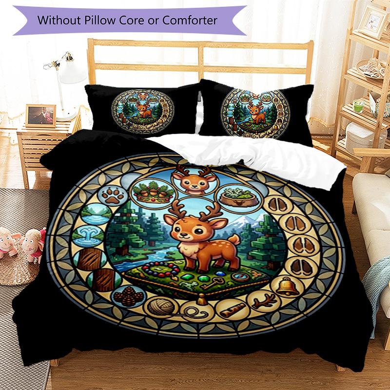 Deer Forest Adventure Pattern Bedding,Quilt Set Quilt Cover Pillowcase Home Birthday Gift (1*duvet Cover+2*pillowcase,without Core)