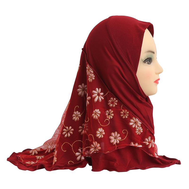 1Pc Headscarf with Flower Girls Hijab Scarf Beautiful Ice Silk Kids Solid Color Children Headwear Muslim