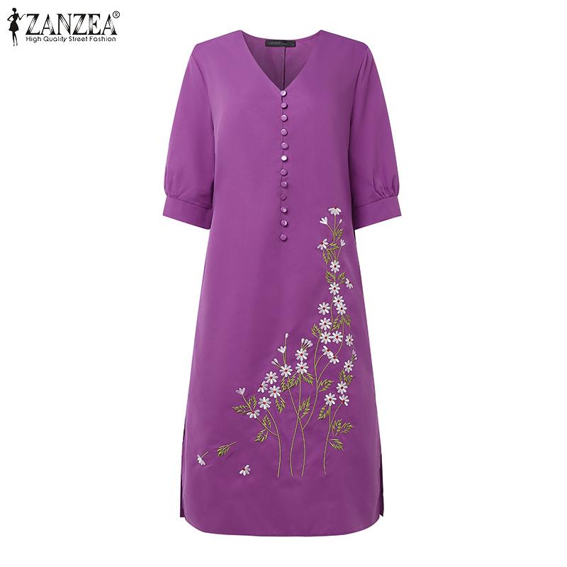 ZANZEA Women Casual V-Neck 3/4 Sleeve Loose Floral Embroidery Dress