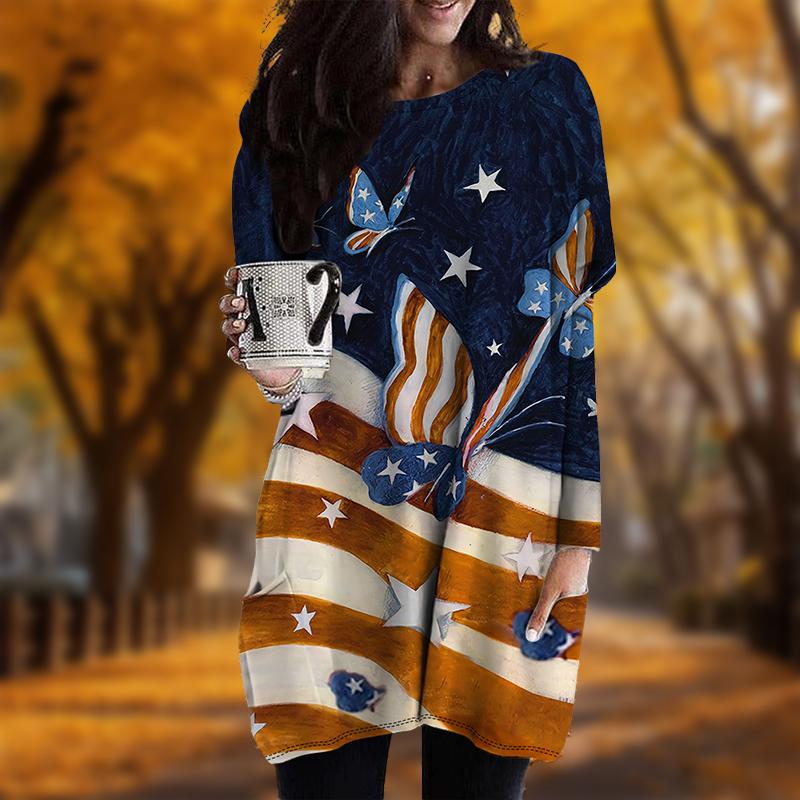 

New In Autumn National Flag Butterfly Print Plus Size Dress Women O neck Long Sleeves Casual Pocket Dresses 8XL помаранчевий