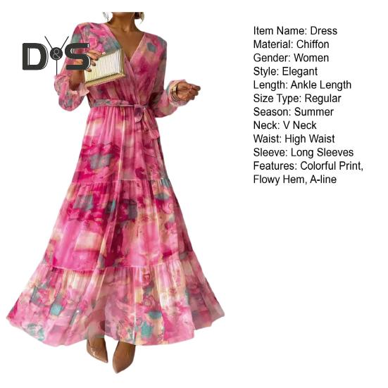 Women Evening Dress Patchwork V Neck Lace-up Waist Bohemian Style Lantern Sleeves Pleated Chiffon Colorful Print A-line Big Hem Maxi Dress