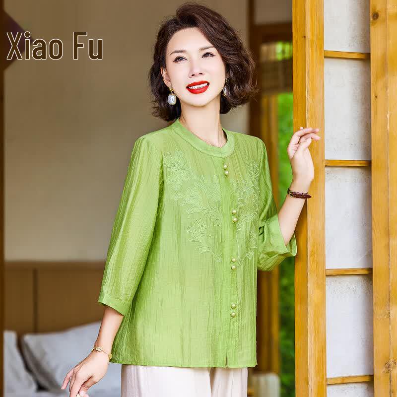Xiao Fu Summer Embroidered Short-Sleeve Top for Moms XL