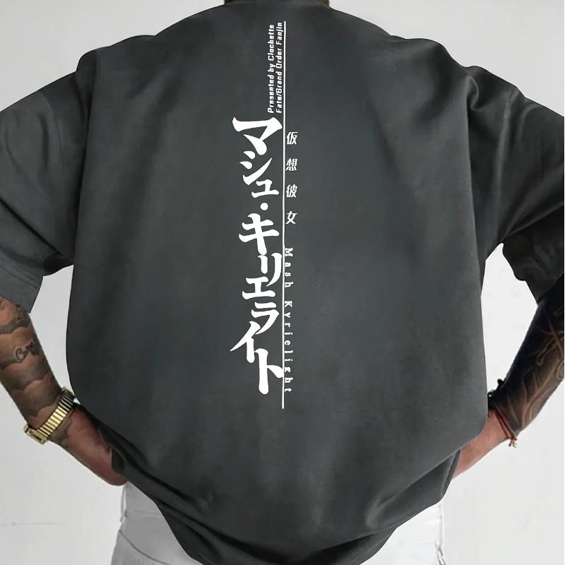 Men Casual Crew Neck T-Shirt with Japanese Calligraphy Print Polyester Fabric Loose Fit Short Sleeve Top for Spring and Summer