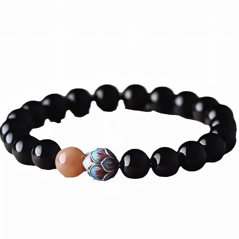 Black Obsidian Lotus Seed & Sunstone Crystal Bracelet - Buddhist Beads Jewelry for Men and Women