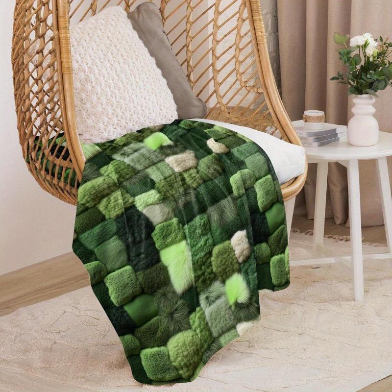 Super Soft Moss Green Blanket - Four Seasons Luxury Flannel Bed Cover with Thick Forest Texture Green and Brown Mosaic Patterns