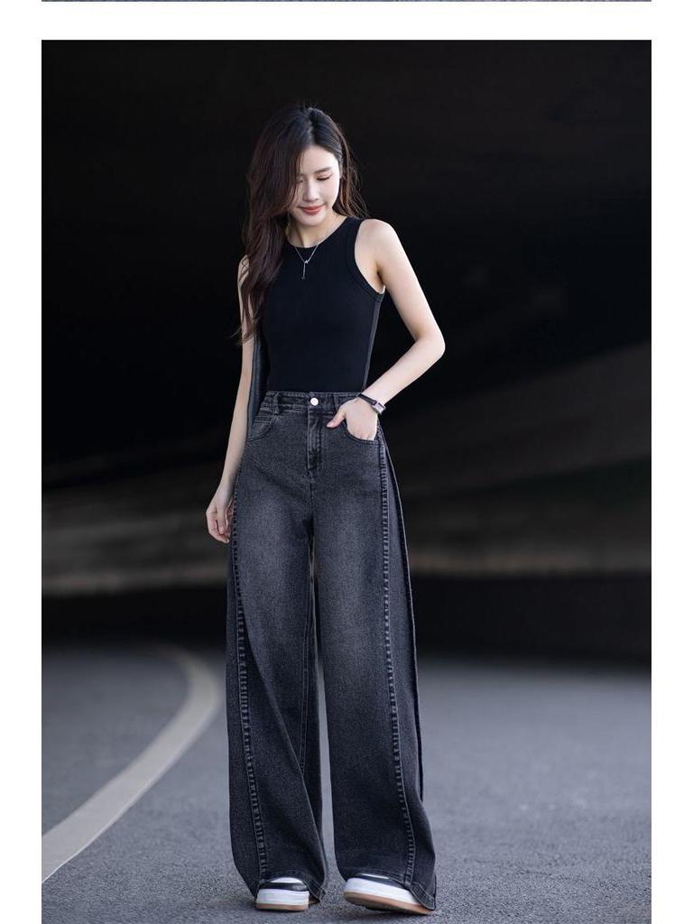 High Street Black High-Waisted Straight Leg Jeans - Slimming Wide Leg, Floor-Length, Loose Fit for Spring/Autumn 2026