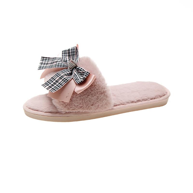 Mao Mao Cotton Slippers 2020 New Autumn and Winter One-word Bow Slippers Indoor and Outdoor Warm Fashion Flat Slippers