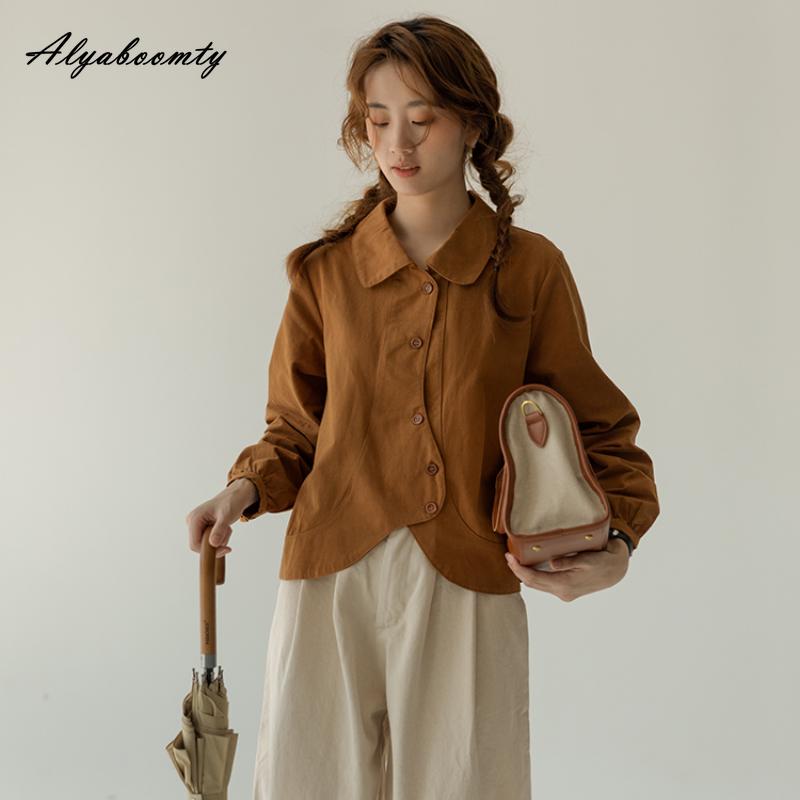 

Японская мори девушка, весна-осень, женская однотонная блузка с отложным воротником, абрикосово-синяя повседневная свободная рубашка, элегантная блузка с длинными рукавами нерегулярной формы S коричневый