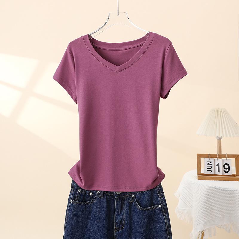 

Женская летняя хлопковая футболка с V-образным вырезом, коротким рукавом, приталенная, базовая XL [60-70 kg]