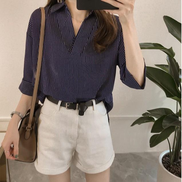

Весенне-летние полосатые рубашки свободного кроя большого размера с рукавами семь дюймов, универсальные женские блузки и рубашки 4XL королевский синий