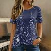 Damen Kurzarm Rundhals Oberteil Blumenprint Knopfdetail Lässiges T-Shirt Bluse Leichter Weicher Stoff Patchwork Design