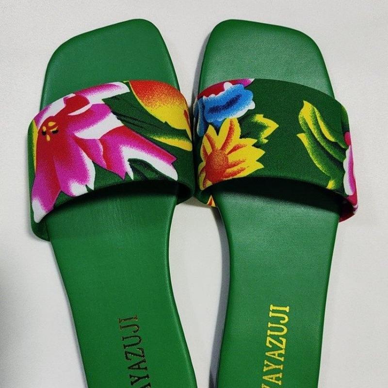 Fashion Summer New Flat Sandals Women's Fashion Square Head Open Toe Print Soft Sole Non-slip Wear-resistant Comfortable Slippers