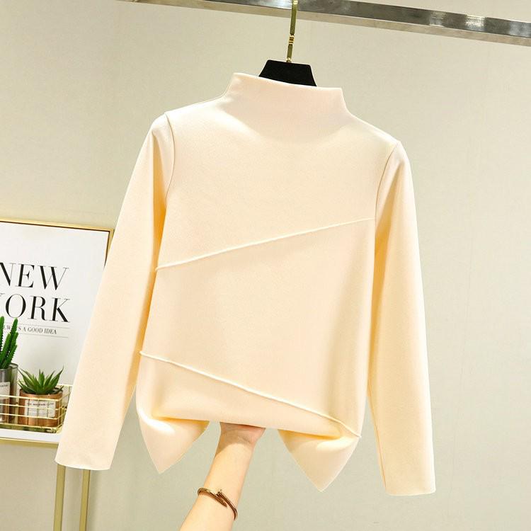 Women's Double-Sided Fleece Semi-High Neck Long-Sleeve Korean-Style Autumn/Winter T-Shirt with Double-Stripe Design