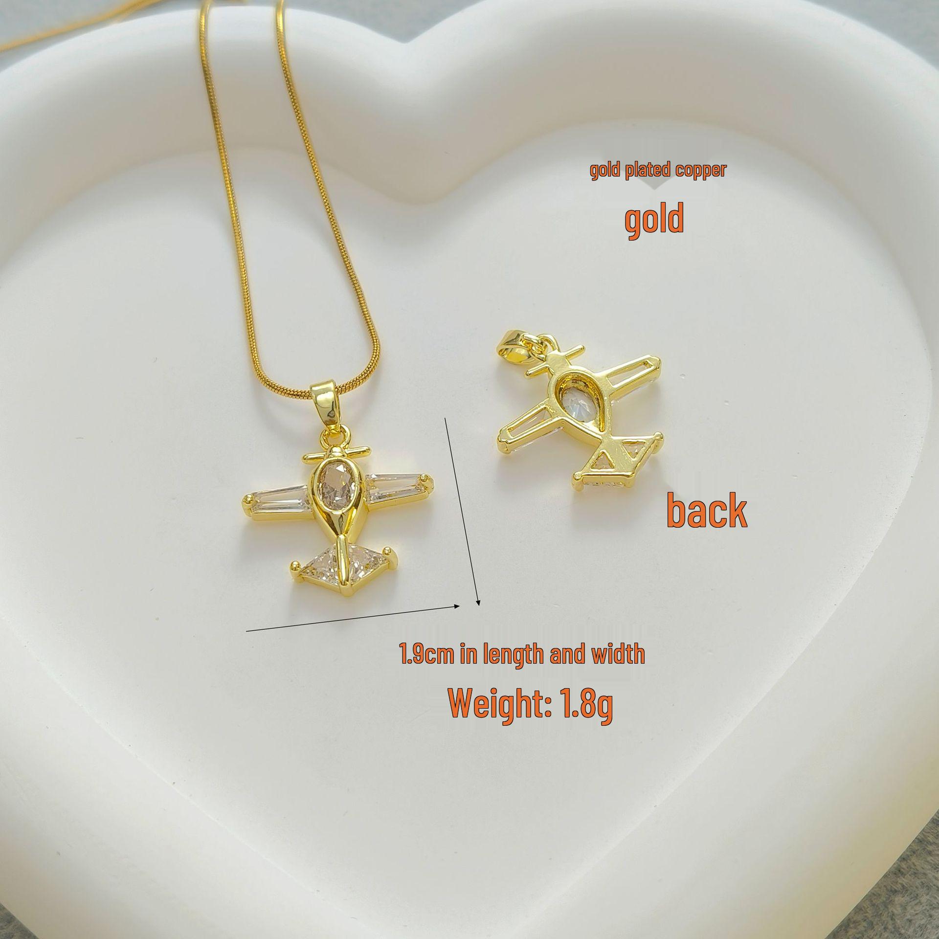 Gold-Plated Copper Airplane Pendant with Zirconia Jewelry - Handmade Necklace Accessory