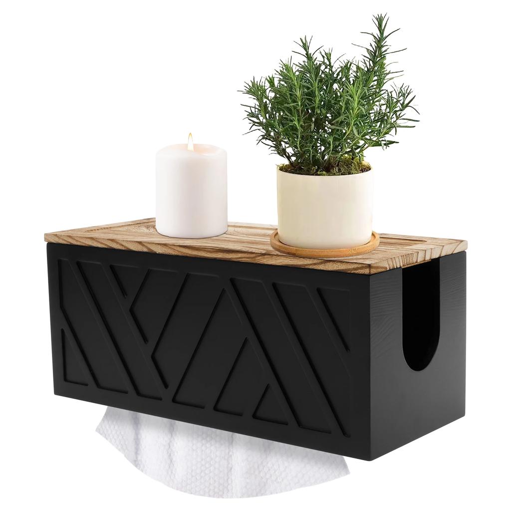 Wooden Paper Towel Holder Wall Mount, Bathroom Kitchen Organizer with Detachable Lid, Rustic Tissue Roll Dispenser