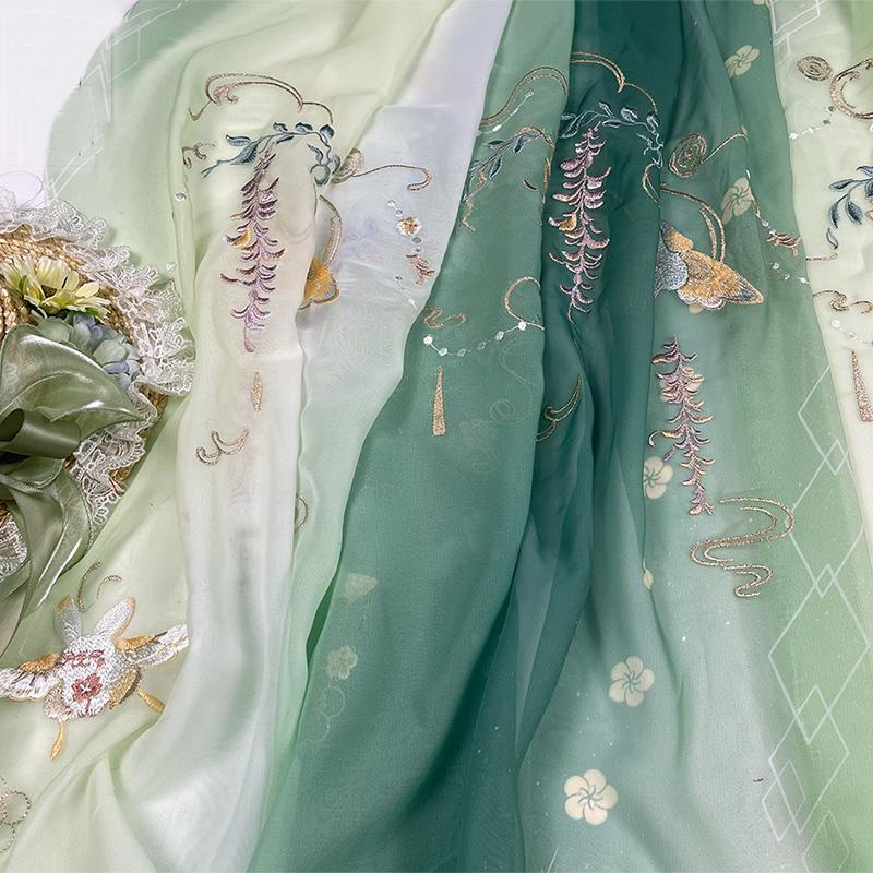 1/3/5M starożytny styl gradientowy Hanfu tkanina króliczek glicynia drukowany szyfon haft tkanina do szycia diy kostium Hanfu sukienka