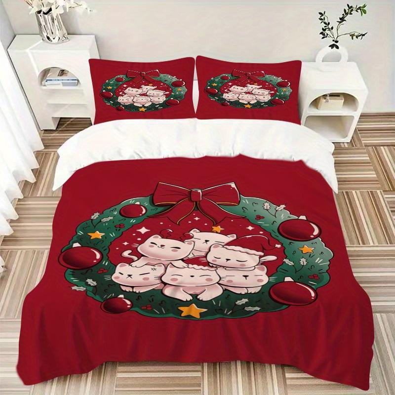 

3 шт. Рождественский венокКошки Постельное белье Комплект Пододеяльник и Наволочки, Подходит для Гостевой Комнаты Домашнего Декора Все Сезоны(Без вкладыша) S0819037 135x200cm