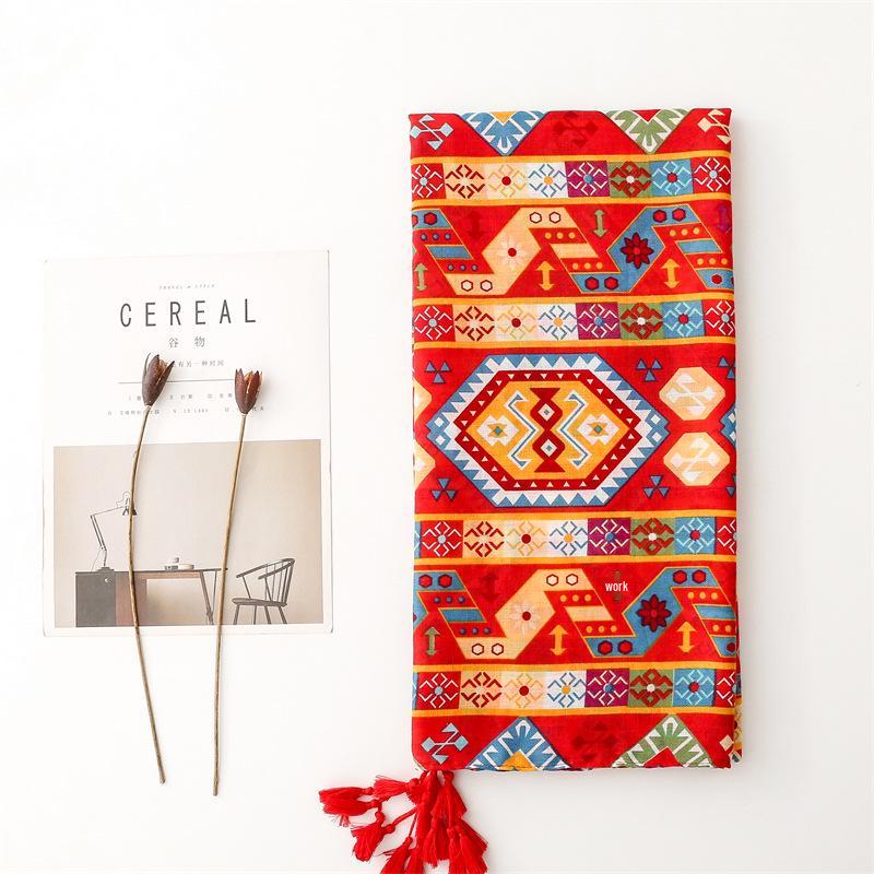 Yitao Bohemian Red Vintage Ethnic Travel Shawl - Silk-Like Cotton Linen Sunscreen Scarf for Women