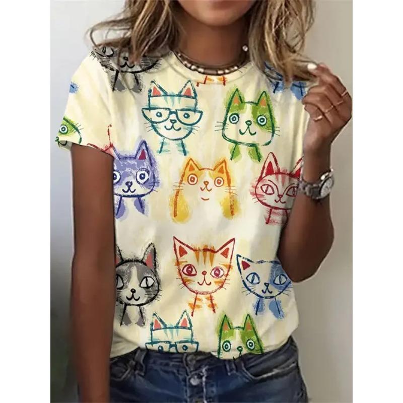 Summer Round Neck Short Sleeved Casual Versatile Top with Animal Print Women's T-shirts