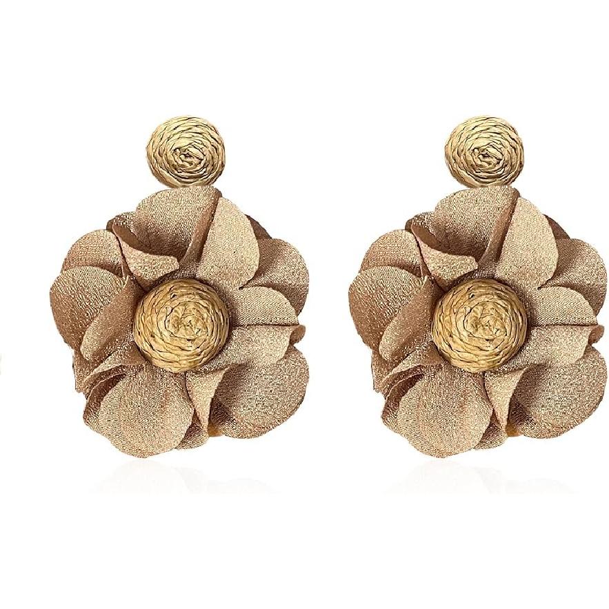 Rattan Earrings Summer Boho Handwoven Big Fabric Chiffon Rattan Flower Drop Earrings Statement Tropical Beach Vacation Jewelry
