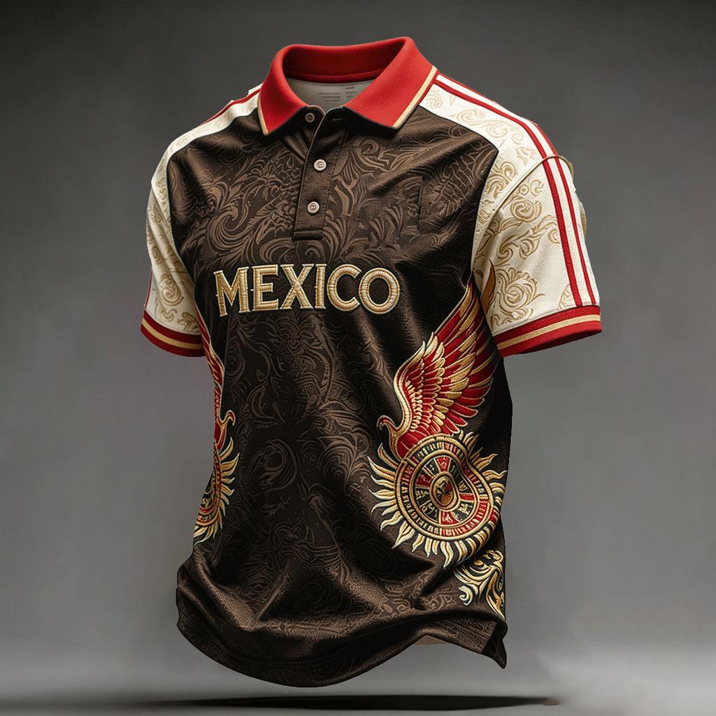 Men's Mexican Soccer Print Shirt with Collar for Casual Wear