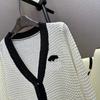 Trendy European Knit V-Neck Cardigan with Embroidered Patch and Contrasting Edges