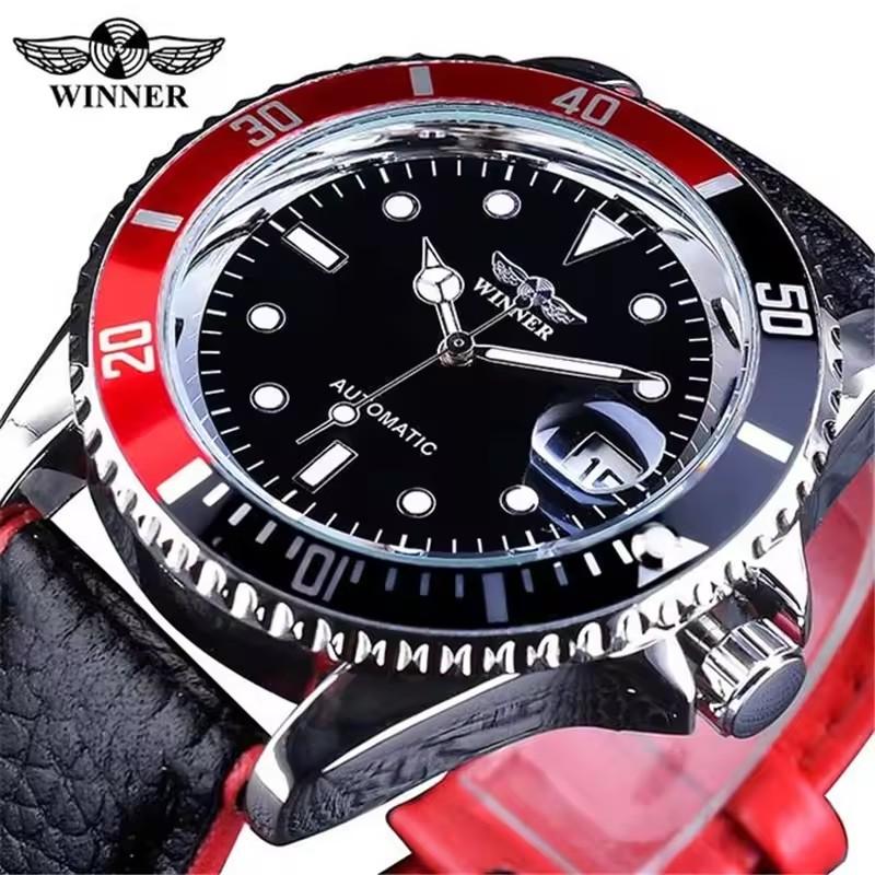 WINNER 002 Men's Mechanical Watch Fashion Luxury Style Automatic Date Black Leather Strap Wristwatch for Male