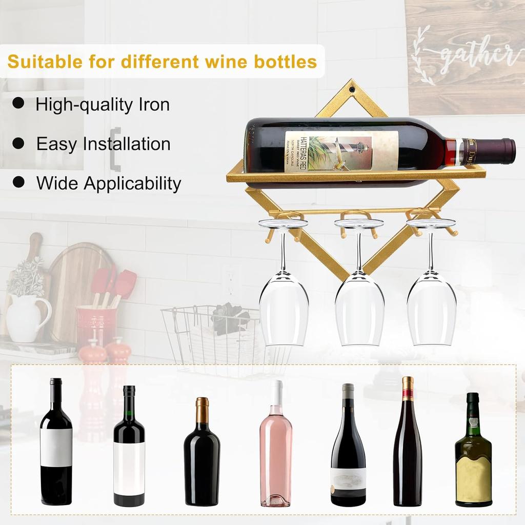 AUHOKY 2Pcs Metal Wall Mounted Wine Holder Stemware Glass Rack, Upgrade Collapsible Hanging Red Wine Racks Organizer with 3 Stem Glass Holders, Wine
