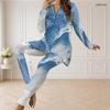 Women Plus Size Two Piece Pants Set Half Zip Neck Long Sleeve Blue White Printed Longline Top Fitted Pants