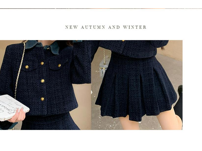 Women's Autumn Denim Patchwork Set: Black Jacket & Midi Skirt Two-Piece Set