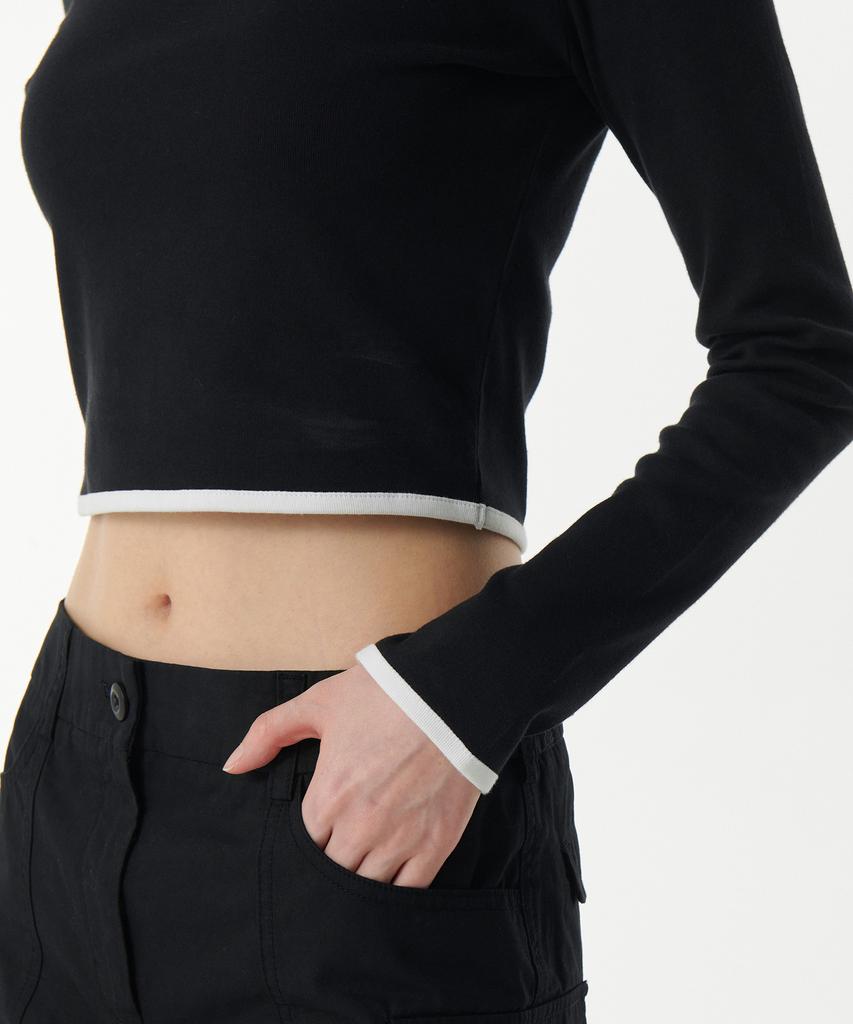 MUSINSA STANDARD WOMAN Women'S Slim Crop Square Neck Ringer Long Sleeve T-Shirt [Black/White]