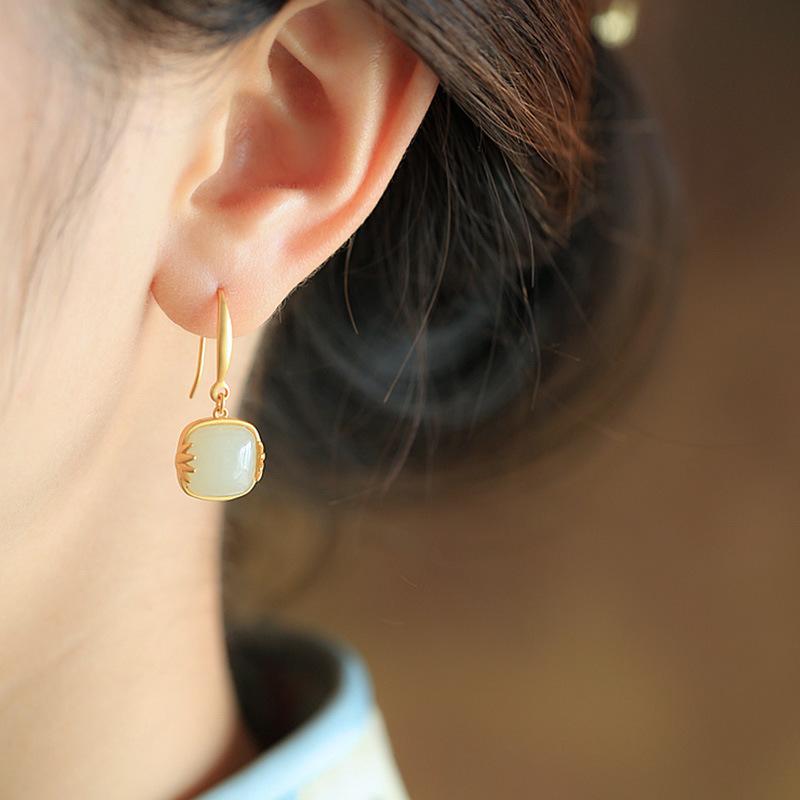 Hetian Jade Ear Hook Earring Women's High-end Temperament Ethnic Retro Earrings Cloisonne Craft Dangler Gift