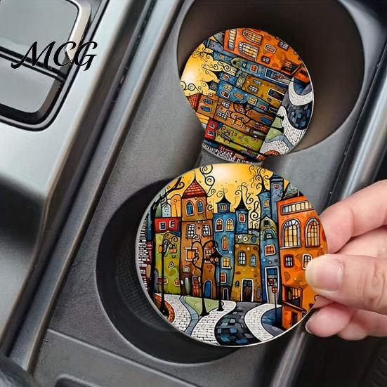 Easy Clean Car Coasters 2PCS Coasters, Oil Painting Print, Decorative Non-Slip Thermal Pads, Stain-Resistant Modern Accessory Gift to Cup Holders, for