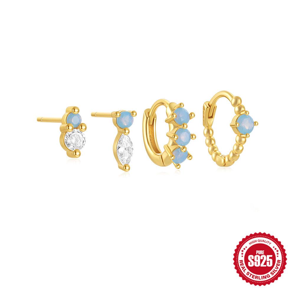 S925 Sterling Silver Flower Diamond Set Of 4 Daily Matching Temperament Earrings Set Premium Opal Opal