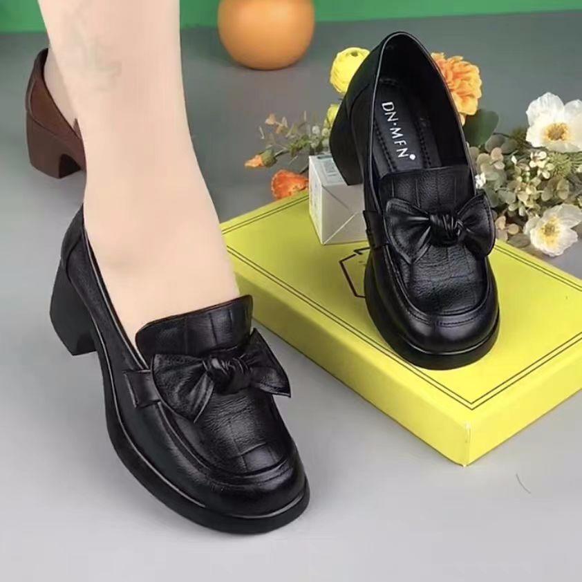 Woodpecker Women's Chunky Heel Bow Loafers - Autumn 2025 Round Toe Mid Heel Shoes