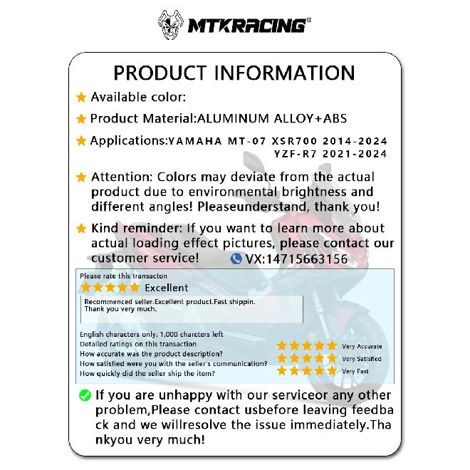 MTKRACING For YAMAHA MT-07 XSR700 2014-2024 YZF-R7 2021-2024 Motorcycle rear mudguard wheel splash guard mudguard