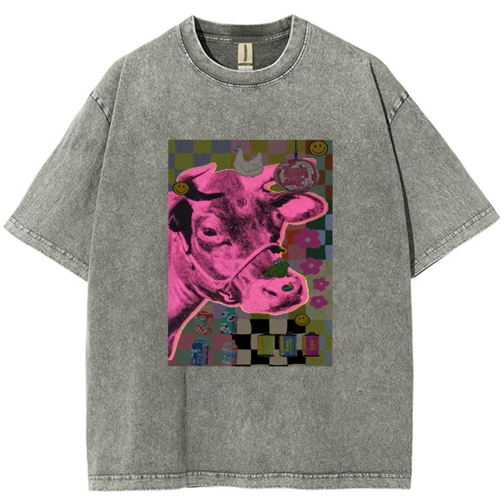 Cool Funny Pink Cow T Shirt Unisex Tees Top Men Women Short Sleeve T-shirt Streetwear Harajuku Graphic Cotton T Shirt