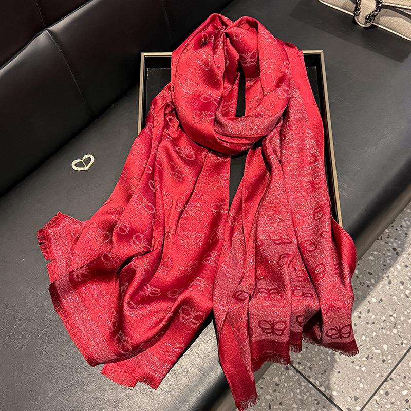 Simulation Silk Fashionable And Elegant High-End Long Silk Scarf Short Beard Shawl Long Scarf Tencel Cotton Gold Silk Scarf