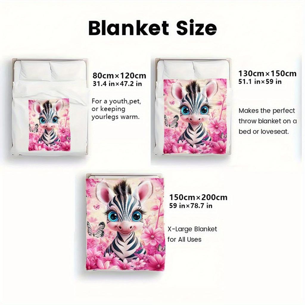 Cute Zebra Floral Fleece Blanket Pink Flowers Butterflies Animal Print Soft Flannel Throw Bed Cover Kids Room DecorGift forGirls