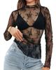 New Women's Semi-high Neck See-through Long-sleeved T-shirt and Sexy Tulle Top