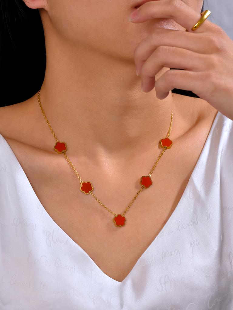 Fashion Elegant Simple Versatile Stainless Steel 18K Gold-Plated Lucky Clover Five Flowers Collar Bone Chain For Women