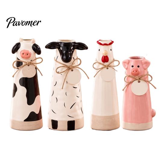Cute Resin Flower Holder Animal Vase, Farmhouse Decorative for Home Unique Housewarming Gift Office Decor, Pig/Cow/Sheep/Chicken Arrangement Tabletop